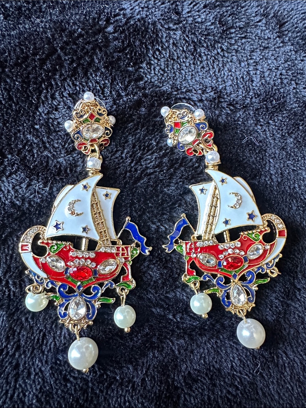 Intricate Multicolor Sailboat Drop Earrings with Pearl Accents